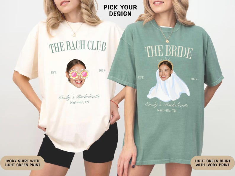 May include: Two t-shirts with different designs for a bachelorette party. The ivory shirt has a light green print that says "The Bach Club" with a woman's face wearing sunglasses. The light green shirt has an ivory print that says "The Bride" with a woman's face wearing a veil.