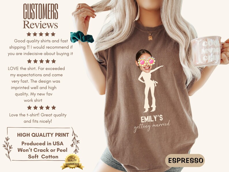 May include: A brown t-shirt with a white graphic of a woman wearing sunglasses and dancing. The text "EMILY'S getting married" is printed below the graphic. The shirt is being modeled by a person.