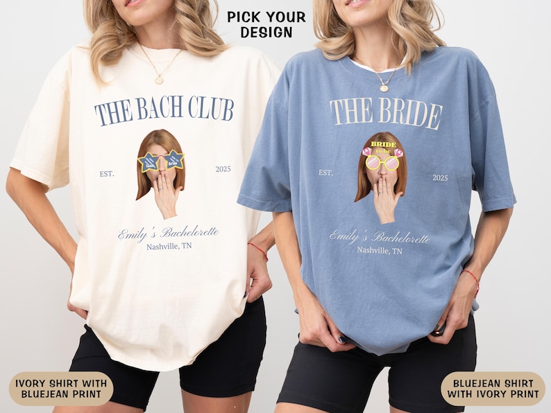 May include: Two white t-shirts with blue text and graphics. The text on the left shirt reads "The Bach Club Est. 2025" and the text on the right shirt reads "The Bride Est. 2025". Both shirts feature a cartoon image of a woman wearing sunglasses and covering her mouth with her hand.