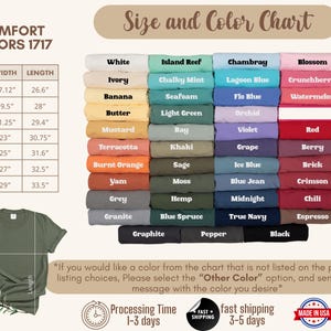 May include: Size and color chart for t-shirts with a variety of colors, including white, ivory, banana, butter, mustard, terracotta, burnt orange, yam, grey, granite, graphite, island reef, chalky mint, seafoam, light green, bay, khaki, sage, moss, hemp, blue spruce, chambray, lagoon blue, flo blue, orchid, violet, grape, ice blue, blue jean, midnight, true navy, pepper, black, blossom, crunchberry, watermelon, red, berry, brick, crimson, chili, and espresso. The chart also includes size information in inches, including width and length.