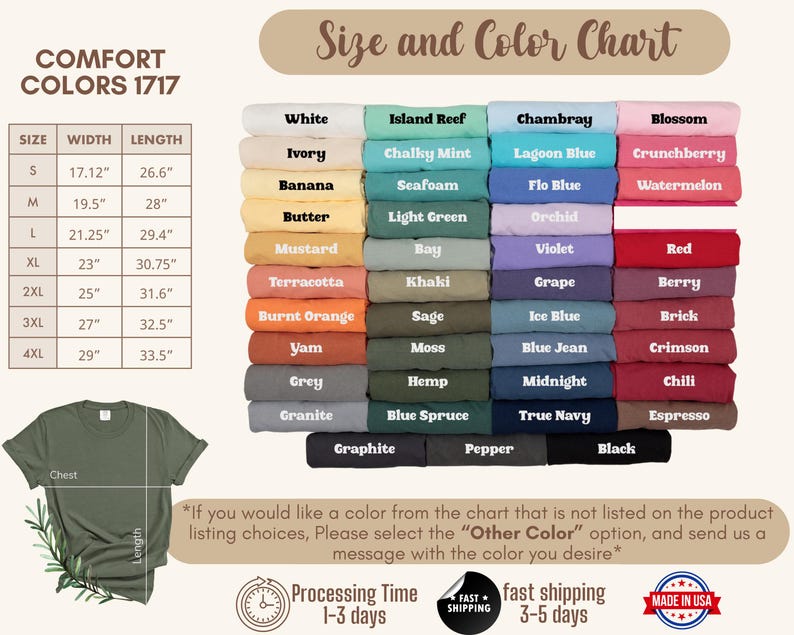 May include: Size and color chart for t-shirts with a variety of colors, including white, ivory, banana, butter, mustard, terracotta, burnt orange, yam, grey, granite, graphite, island reef, chalky mint, seafoam, light green, bay, khaki, sage, moss, hemp, blue spruce, chambray, lagoon blue, flo blue, orchid, violet, grape, ice blue, blue jean, midnight, true navy, pepper, black, blossom, crunchberry, watermelon, red, berry, brick, crimson, chili, and espresso. The chart also includes size information in inches, including width and length.