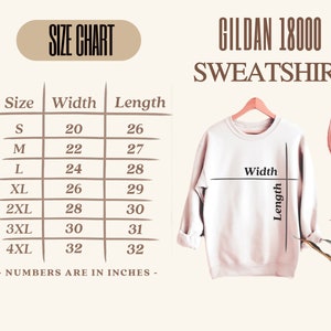 May include: Size chart for Gildan 18000 sweatshirt, showing width and length measurements in inches for sizes S through 4XL.