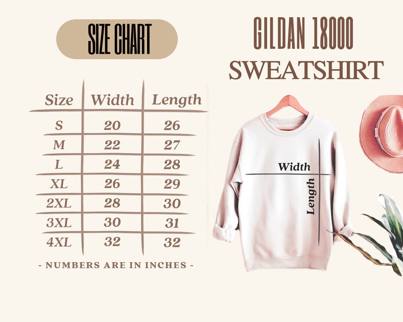 May include: Size chart for Gildan 18000 sweatshirt, showing width and length measurements in inches for sizes S through 4XL.