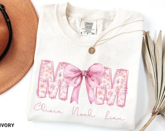 Custom Mama Shirt with Kids Names, Floral Bow Mom Tee, Mother's Day Gift