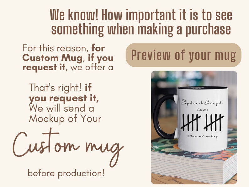 May include: A white ceramic mug with a black handle and black rim. The mug has a personalized design with the text "Sophie & Joseph Est. 2014" and a series of hash marks representing 10 years. The text "10 Years and counting" is also included. The mug is sitting on a stack of books. The text "Preview of your mug" is displayed above the mug.