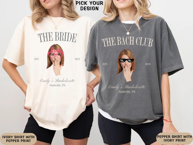 May include: Two t-shirts with different designs. The ivory shirt has the text "The Bride" with a woman wearing pink sunglasses and the text "Emily's Bachelorette Nashville, TN" The gray shirt has the text "The Bach Club" with a woman wearing pixelated sunglasses and the text "Emily's Bachelorette Nashville, TN".