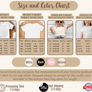 May include: Size chart for bodysuits, infant t-shirts, toddler t-shirts, and youth t-shirts. The chart includes size, weight, width, and length measurements in inches and pounds. The chart also includes color options: white, black, pink, and natural.