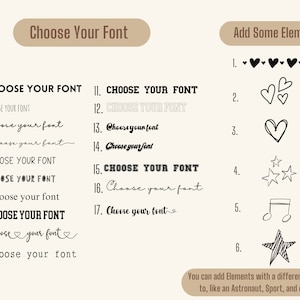 May include: A graphic design guide with a list of 17 different fonts and 6 different design elements. The fonts are shown in black and white, and the elements are shown in black. The text on the page says "Choose Your Font" and "Add Some Elements".