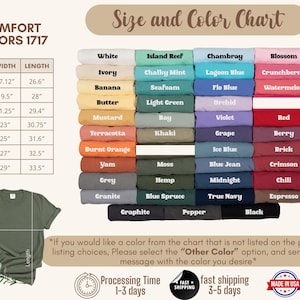 May include: A size and color chart for t-shirts with a variety of colors and sizes. The chart includes colors like white, ivory, banana, butter, mustard, terracotta, burnt orange, yam, grey, granite, graphite, island reef, chalky mint, seafoam, light green, bay, khaki, moss, hemp, blue spruce, chambray, lagoon blue, flo blue, orchid, violet, grape, ice blue, blue jean, midnight, true navy, pepper, black, blossom, crunchberry, watermelon, red, berry, brick, crimson, chili, espresso. The chart also includes sizes from S to 4XL with corresponding width and length measurements in inches.