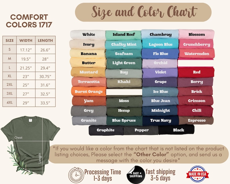 May include: A size and color chart for t-shirts with a variety of colors and sizes. The chart includes colors like white, ivory, banana, butter, mustard, terracotta, burnt orange, yam, grey, granite, graphite, island reef, chalky mint, seafoam, light green, bay, khaki, moss, hemp, blue spruce, chambray, lagoon blue, flo blue, orchid, violet, grape, ice blue, blue jean, midnight, true navy, pepper, black, blossom, crunchberry, watermelon, red, berry, brick, crimson, chili, espresso. The chart also includes sizes from S to 4XL with corresponding width and length measurements in inches.
