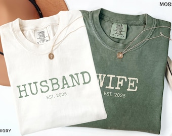 Comfort Colors® Husband And Wife Matching Shirts, Personalized Newlywed Sweatshirts, Honeymoon Outfits, Custom Couple Wedding Gift
