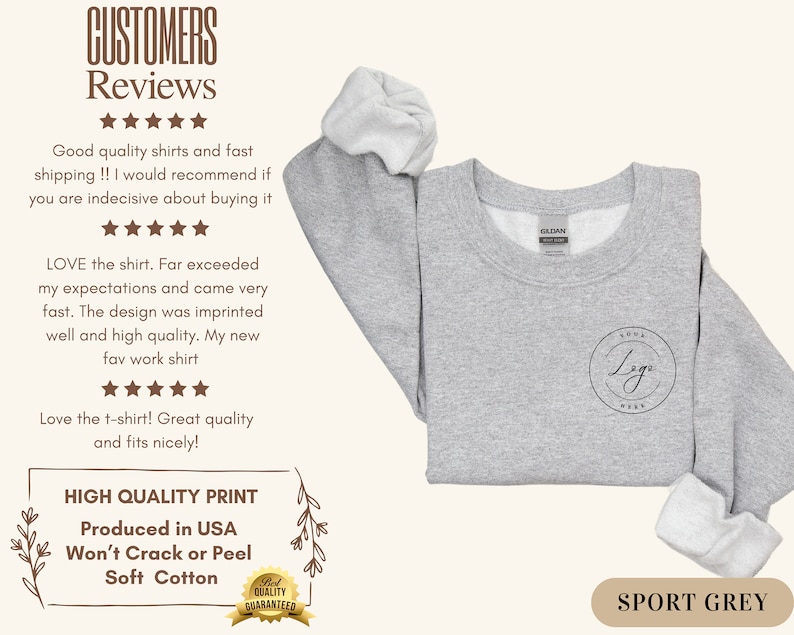 May include: A gray sweatshirt with a round logo that says "Your Logo Here" in a circle. The sweatshirt is made of soft cotton and is available in Sport Grey.