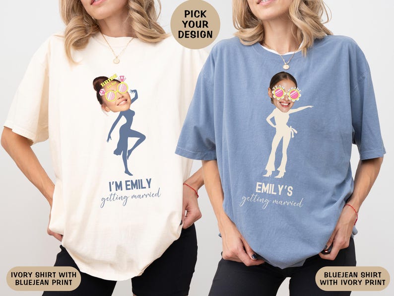 May include: Two t-shirts with a bride-to-be theme. The ivory shirt has blue text that says "I'm Emily getting married". The blue jean shirt has ivory text that says "Emily's getting married". Both shirts feature a silhouette of a woman with a bride's veil and sunglasses.