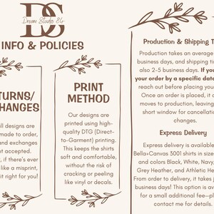 May include: A graphic with information about returns, exchanges, and the print method used for custom-made shirts. The text reads "Returns/Exchanges" and "Print Method". The text also includes information about production and shipping times, including express delivery options.