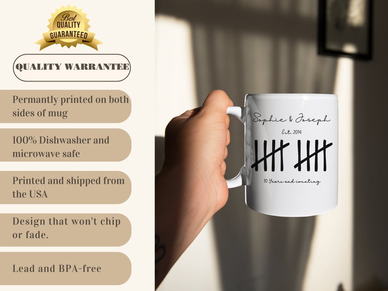 May include: White ceramic mug with black text that reads "Sophie & Joseph Est. 2014" and "10 Years and counting". The mug has a black tally mark design to represent 10 years.