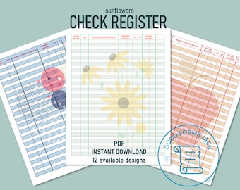 SUNFLOWERS CHECK REGISTER instant download, pdf, printable, double-sided