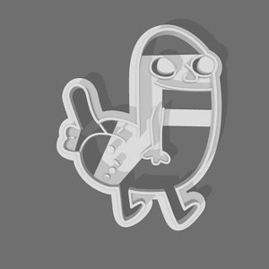Pode incluir: Um personagem de picles de desenho animado branco com uma faixa listrada em preto e branco em seu corpo, usando óculos de sol e um terno. O picles está dando um joinha e andando. A imagem é um cortador de biscoitos.