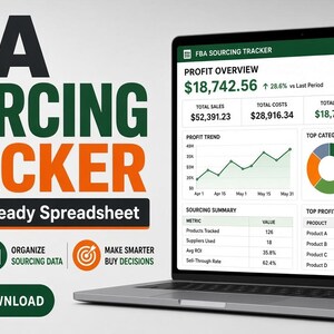 May include: A laptop displaying an FBA Sourcing Tracker spreadsheet with profit overview, sales data, and charts. The text reads FBA SOURCING TRACKER, SellerAmp-Ready Spreadsheet, Track Costs & Profits, Organize Sourcing Data, Make Smarter Buy Decisions, and Digital Download.