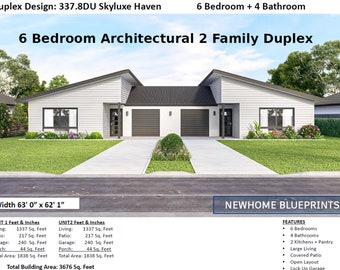 House Plan#337.7 DU: 6 Bedroom Architectural 2 Family Duplex  Conceptual Design Blueprints - Twin Home