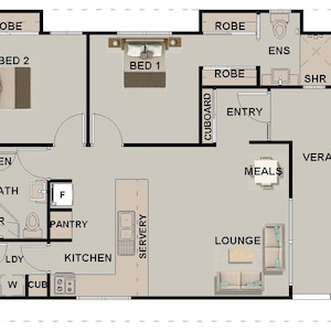 House Plan#85.1 Flamingo : Compact 2-Bedroom House Plan 68 sq meters | 736 sq ft | Ideal for Granny Flat, ADU, Small Home Build
