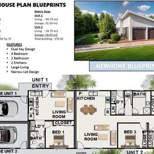 Op de afbeelding: Een plattegrond voor een dubbele woning met twee aparte units, elk met een garage, keuken, woonkamer, slaapkamers en badkamers. De plattegrond bevat maten in zowel voet en inch als in metrische eenheden. De afbeelding bevat ook een weergave van de buitenkant van de dubbele woning.