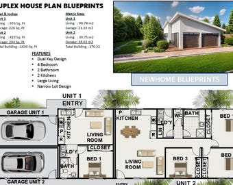 House Plan#171 DU: 2 Family Duplex Narrow Lot House Plans-1830 Sq Ft | Modern Duplex Design | 4-Bedroom | Blueprint 4 Bedroom Architectural