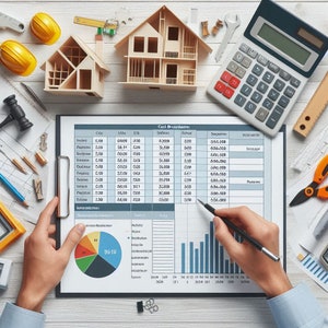 Könnte beinhalten: Draufsicht auf einen Arbeitsplatz mit Miniatur-Holzhausmodellen, einem Taschenrechner und einem Klemmbrett mit Finanzdaten. Hände mit einem Stift zeigen auf das Dokument. Thema Bauwesen und Finanzplanung.