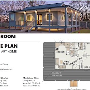 Könnte beinhalten: Ein Hausplan mit zwei Schlafzimmern, das 97.96RH ART HOME, mit einer überdachten Veranda und großen Wohnbereichen. Der Plan umfasst einen Grundriss mit Küche, Wohnzimmer und zwei Schlafzimmern. Die Gesamtfläche beträgt 97,96 m².