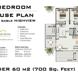 House Plan#87RH: Modern Granny Flat - Small and Tiny Home Design 648 Sq. Feet - 59.95 sq meters  Country 2 Bed House Plans Blueprints