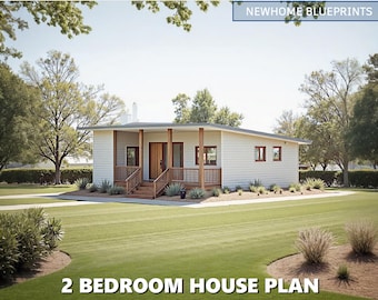 May include: A white two-bedroom house plan with a wooden front porch and a grassy lawn. The text "NEWHOME BLUEPRINTS" is in the top right corner of the image. The text "2 BEDROOM HOUSE PLAN" is at the bottom of the image.