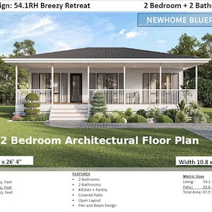 Plan#54.1 RH: Small and Tiny Home Design 930 Sq. Feet - Country 2 Bed House Plans  Architectural Floor Plan Blueprints