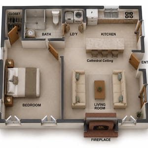 May include: A top-down floor plan illustration of a one-bedroom apartment featuring a bedroom with a closet, a bathroom, a laundry area, a kitchen with an island, and a living room with a fireplace. The layout includes labeled rooms and furniture.