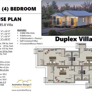 May include: A house plan for a 2x2 (4) bedroom duplex villa. The image includes a photo of the villa and a floor plan with dimensions in feet and inches. Features include 4 B&B villa units, 4 bathrooms, and 2 kitchenettes.