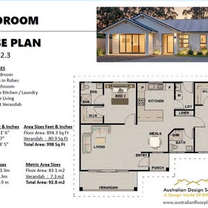 House Plan#92.3: Modern Granny Flat - Small and Tiny Home Design 894 Sq. Feet - 83.1 Sq Meters 2 Bed / 3 bathroom / House Plans Blueprints