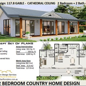 May include: A 2 bedroom country home design with a cathedral ceiling, a large covered patio, and a total area of 1269 square feet. The floor plan shows the layout of the home, including the living room, dining room, kitchen, bedrooms, and bathrooms.