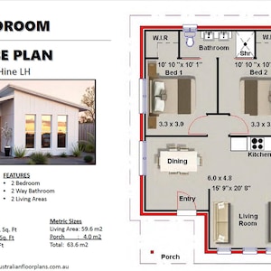 House Plan#59.6 LH Hine : Modern Granny Flat - Small and Tiny Home Design 641 Sq. Feet - 2 Bed House Plans Blueprints