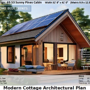 House Plan#69.53: Sunny Pines Cabin Architectural Plans - 1 Bedroom House Blueprint 32&#39;8&#39; x 41&#39; (Metric 9.9x12.5)