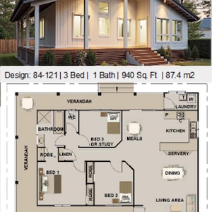 House Plan#85-121 : Modern ADU Flat - Small and Tiny Home Design 940 Sq. Feet 87.4 sq meters- Country 3 Bed House Plans Blueprints