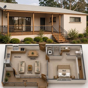 May include: A single-story house with a covered wooden deck and a corresponding 3D floor plan showing a kitchen, meals area, living room, bedroom, bathroom, laundry, and robe. The floor plan includes labels for each room and a deck area.