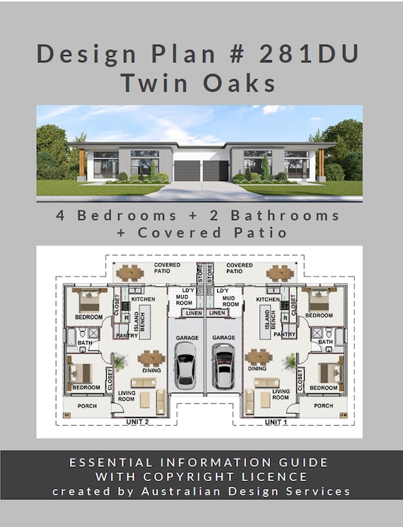 House Plan#281 DU: 77' x 42' (23.7 x 12.1 Meters ) Design Plan - Twin Oaks  Essential Information pack includes copyright licence