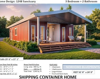 Op de afbeelding: Een rood containerhuis met een overdekt terras en een houten dek. Het huis is 29 voet 6 inch breed en 27 voet 1 inch lang. Het heeft 3 slaapkamers, 2 badkamers, een grote keuken en terrassen aan de voor- en achterkant. Het huis is gelabeld met "1248 Sanctuary" en "Newhome Blueprints".