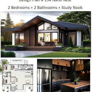 以下が含まれることがあります： 2つの寝室、2つのバスルーム、書斎のある家の間取り図。図面には、屋根付きのパティオ、キッチン、ダイニングルーム、リビングルーム、バスルームが示されています。家は「Nano Nest」と呼ばれ、設計図面番号は154です。