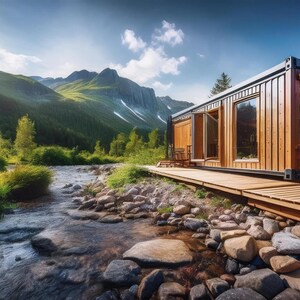 May include: A rectangular cabin constructed from a repurposed shipping container with vertical wood siding and large glass windows. The structure sits on a wooden deck platform positioned alongside a rocky riverbank with a mountain backdrop.