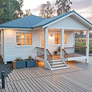 May include: A white cottage with a wooden deck and a porch with a railing. The cottage has a blue roof and a white door. There are trees and bushes in the background.