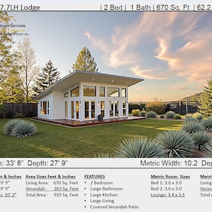 Modern huisplan #87.7LH – grootmoederswoning in lodgestijl | Small & Tiny Country Home Design – 2 slaapkamers (62,2 m²)