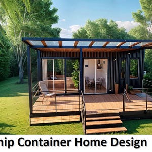 May include: A black shipping container home with a wooden deck and a glass roof. The home has large windows and a door leading to a small dining area. The home is surrounded by green grass and trees.