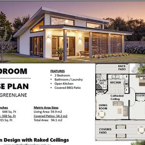 House Plan#94.1RH GREENLANE: Skillion Roof House Plan – 2 Bedroom Small Home with Raked Ceilings & Patio – Instant Download PDF