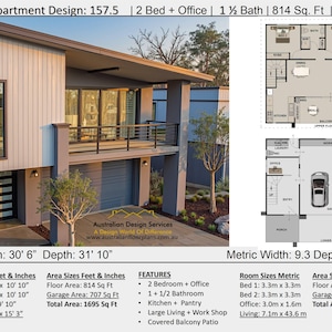 Könnte beinhalten: Außenansicht eines modernen zweistöckigen Garagenapartment-Designs. Das Gebäude verfügt über eine grau-weiße Fassade, einen überdachten Balkon und eine Garage. Das Bild enthält Grundrisse und Raummaße in Metern. Der Text lautet: Garage Apartment Design: 157.5.