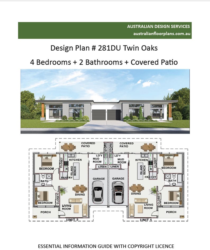 Plattegrond huis # 281 DU: 77 x 42' (23,7 x 12,1 meter) ontwerpplan - Twin Oaks Essential Information-pakket bevat copyrightlicentie afbeelding 2