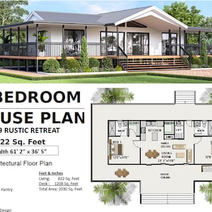Op de afbeelding: Een 2-slaapkamer huisplan genaamd "188.9 Rustic Retreat" met een totale oppervlakte van 2030 vierkante voet. Het plan omvat een grote keuken, een woonkamer, twee slaapkamers, twee badkamers, een overdekt terras en een terras. Het huis is 61 voet 2 inch breed en 36 voet 5 inch lang.